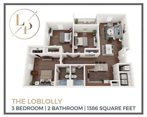 Floor plan for 3 beds, 2 baths, 1386 sqft